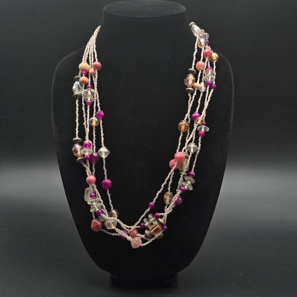 Vintage Pink Beaded Necklace Seed Bead Glass Beads Layers